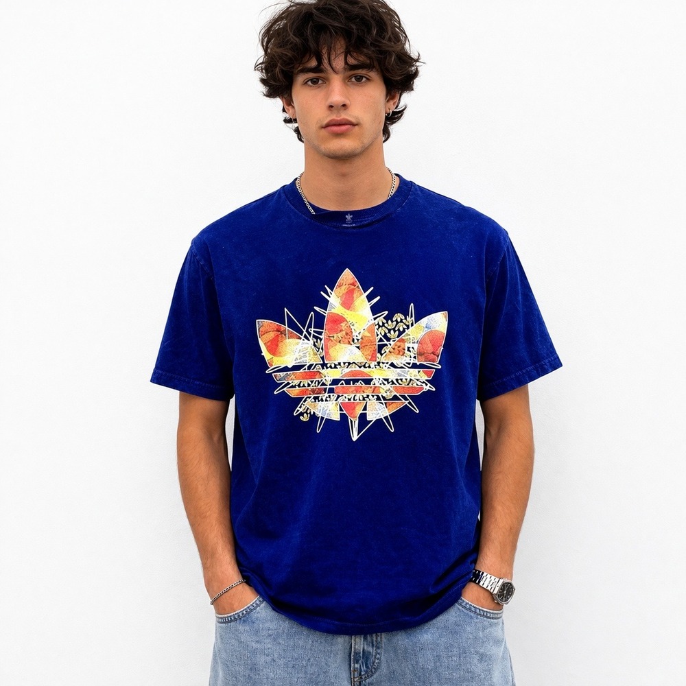 Adidas Originals Trefoil Graphic T Shirt Blue‎ Orange Logo Streetwear Mens M